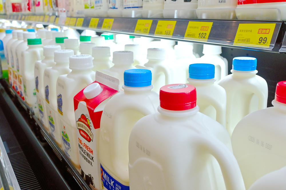 Taipei, Taiwan - JUNE 1, 2020 : Various of milk product on shelf in the fridge of a supermarket. Taipei, Taiwan.