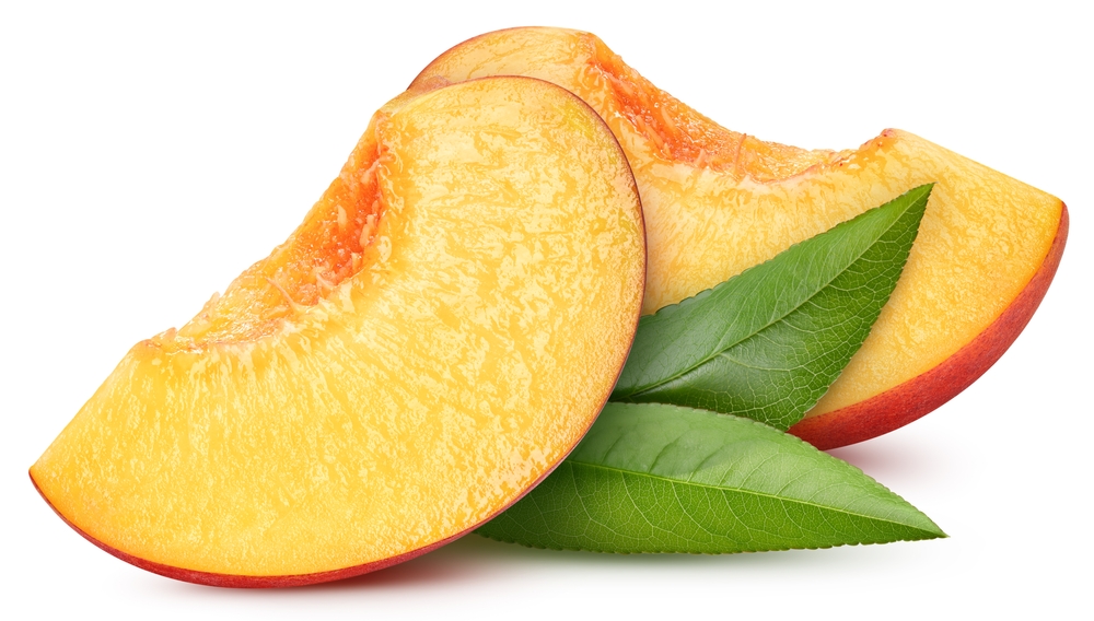 Peach with leaves isolated on white background. Peach Clipping Path. Peach macro studio photo
