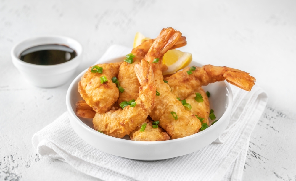 Bowl of Shrimp Tempura with soy sauce
