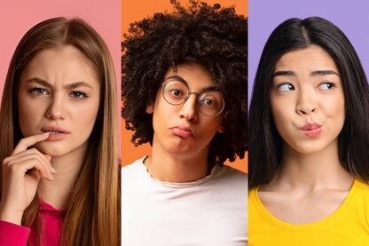 Thoughtful multiracial young people attractive and stylish men and women posing on colorful studio backgrounds, showing confusion or skepticism, looking at camera, creative image, panorama