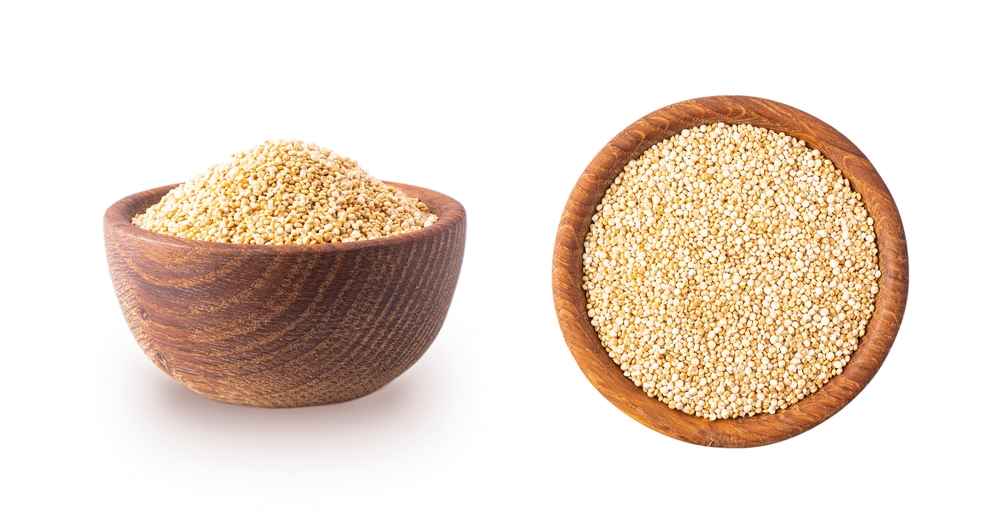 Bowl with quinoa isolated on white background. Close-up. Grain quinoa on white background. Whole grain quinoa. Top view and front view, image with copy space. 