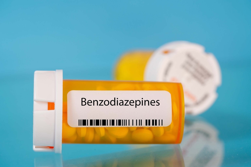 Benzodiazepines. Benzodiazepines pills in RX prescription drug bottle