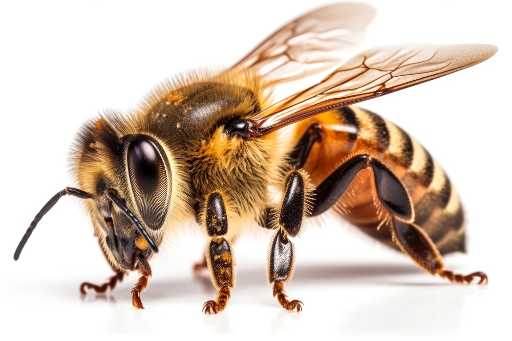 Bee isolated on white background. Close up of honeybee 
