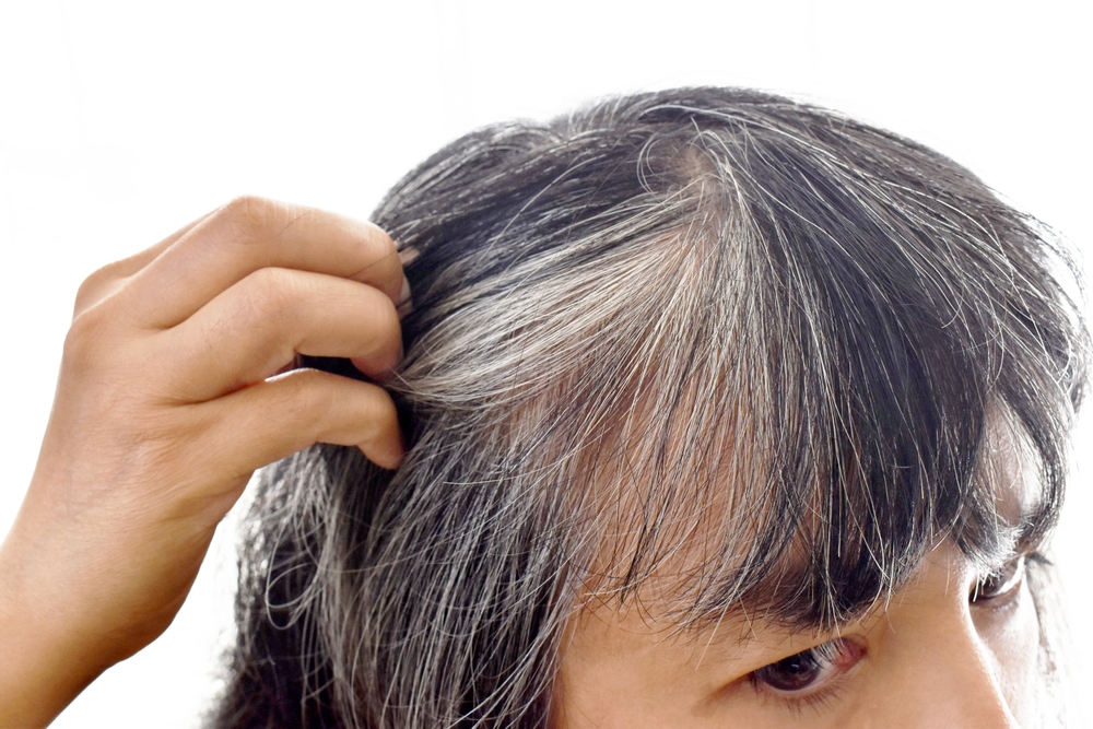 Asian lady with gray hair. Older woman with grey hair problem. Girl being stressed with damaged silver gray hair appearing on her head.