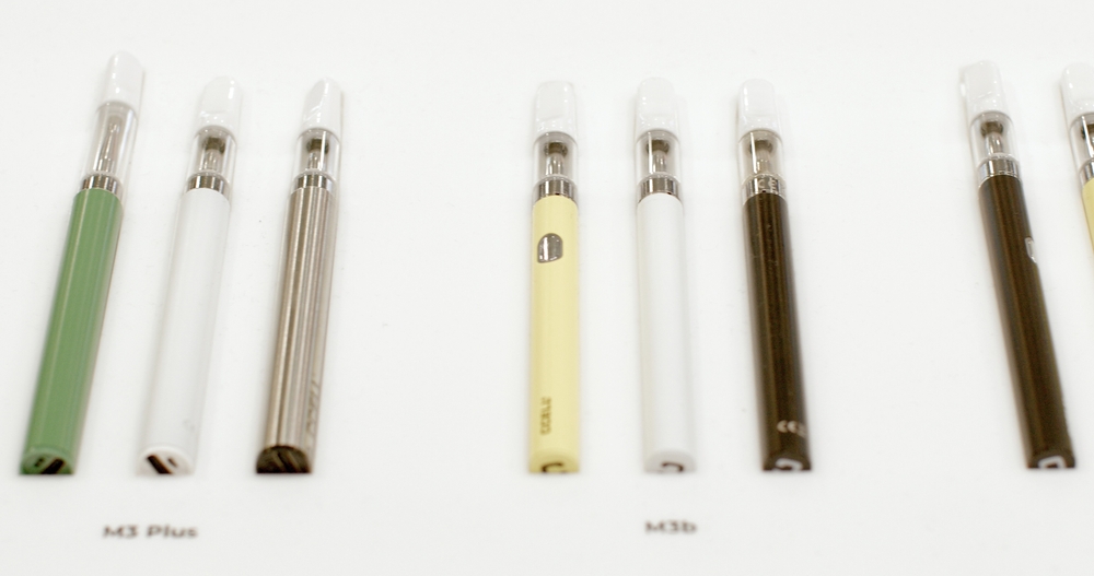 Close-up of vape pen is a portable vaping device at international trade show. These devices are designed to vaporize liquid. An alternative to tobacco smoking. 3.11.2023 Beranovych 667, Prague, CZ