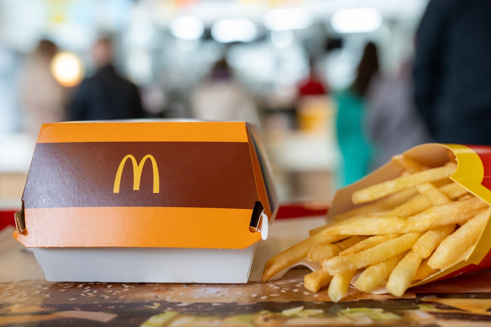 Big Mac Box with McDonald's logo and French fries in McDonald's Restaurant. Minsk, Belarus, May 28, 2022
