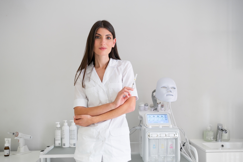 Confident woman cosmetologist with syringe. Female dermatologist wearing medical uniform holding syringe. Brunette female doctor standing in medical office with aesthetic equipment in background.