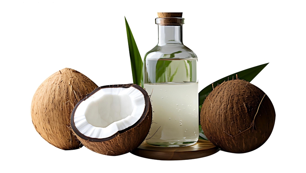 Coconut oil in a glass bottle with coconut on a transparent png background
