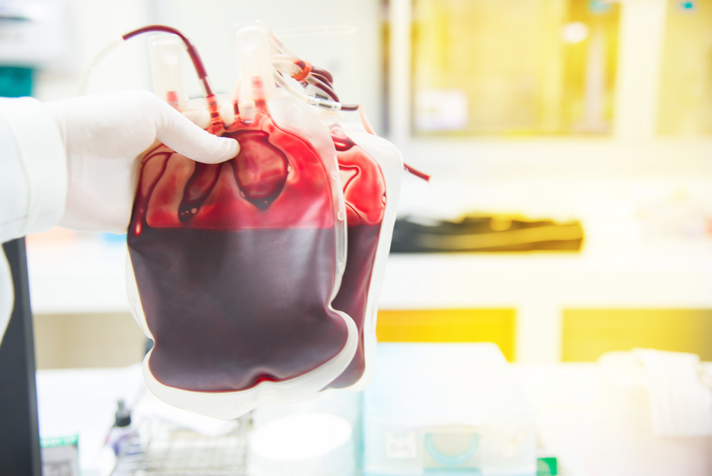 Red blood bag in hand scientist over white background in laboratory.