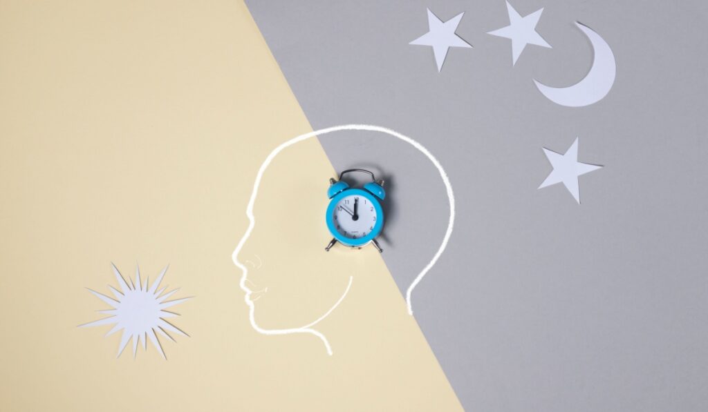 the concept of cercadian rhythms, insomnia, good healthy sleep. in gray and yellow colors.