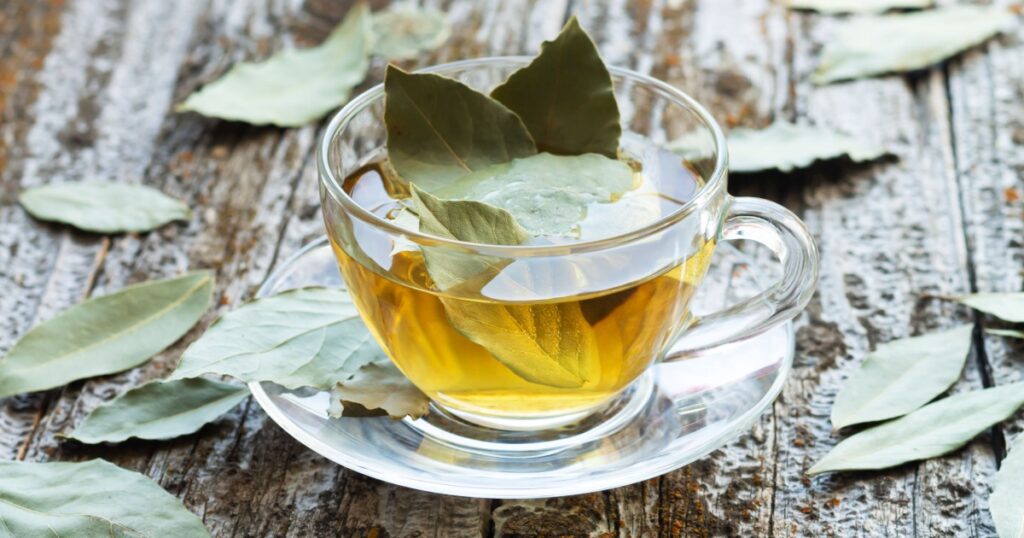 Natural bay leaf herbal tea in glass cup on rustic wooden table