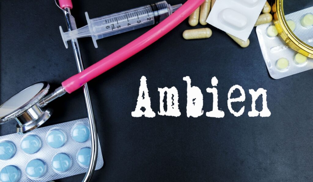 Ambien drug word use in medicine word in medical background.