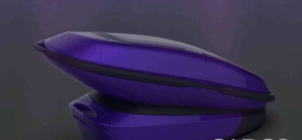 A purple suicide pod. Gray background.