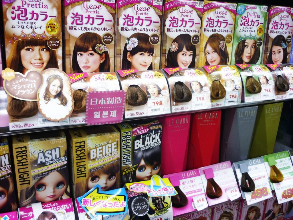 Rows of hair dye in various colors.
