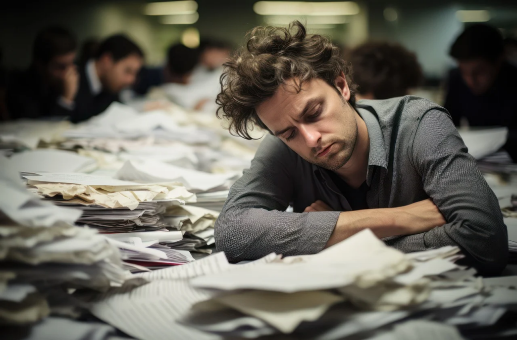 stressed man in a pile of paperwork