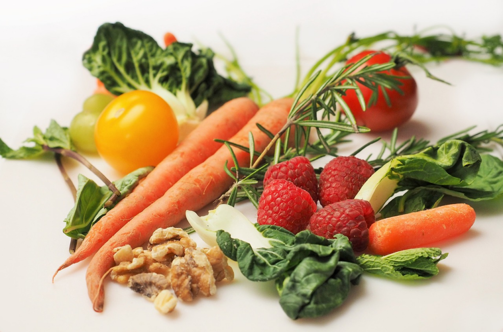 fruits, veggies, and nuts