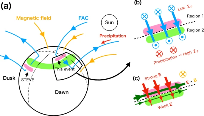 Schematic illustration showing the relative location of STEVE and phenomena 