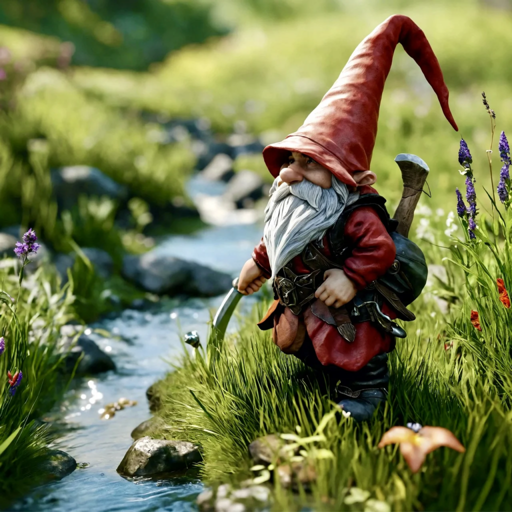 gnome sitting by the stream