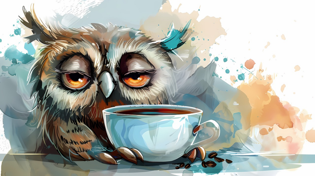 owl looking drowsy with a cup of coffee