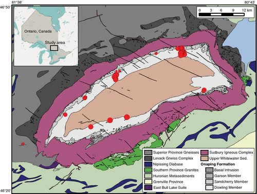 Simplified geological map of the Sudbury impact structure. Inset: study area's location within Ontario, Canada