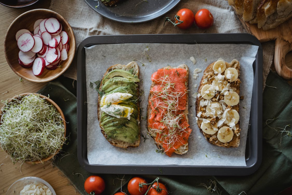 Toast topped with various health foods