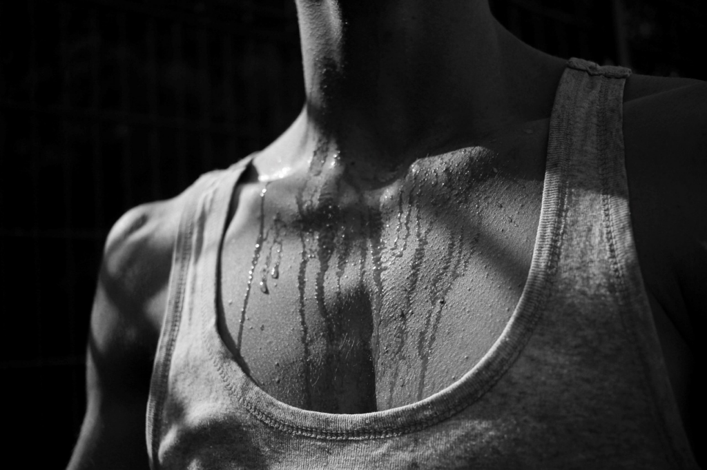 black and white sweating person