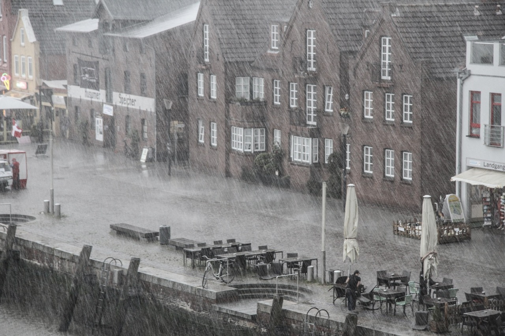 heavy raining on a coastal town