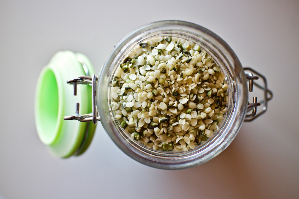container full of hemp seeds