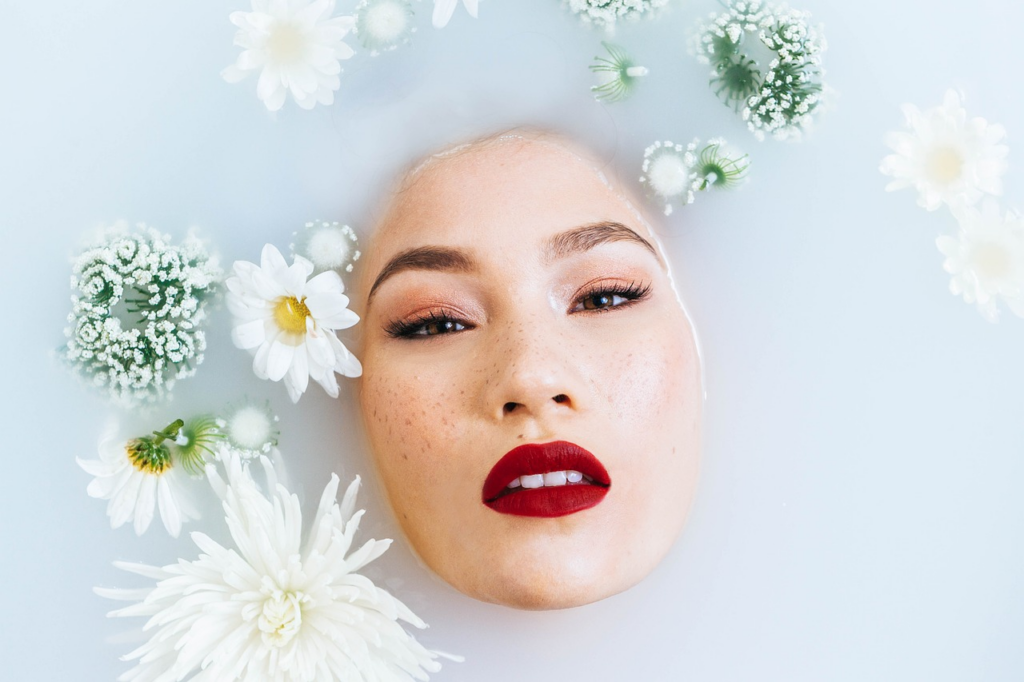 woman face-level in bathwater