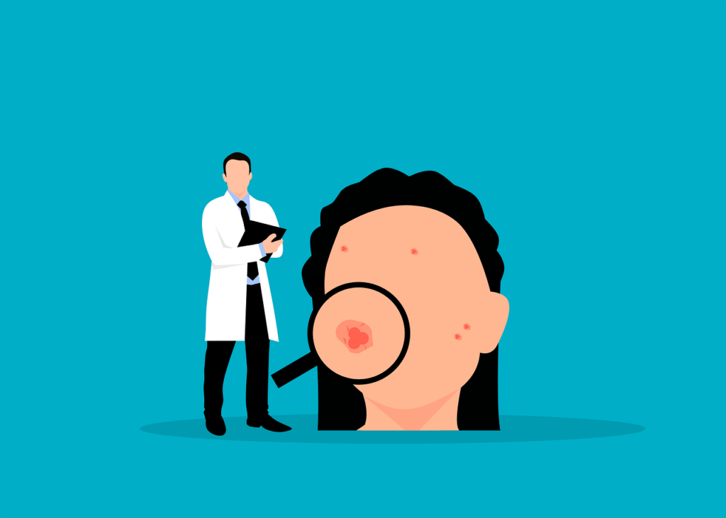 doctor magnifying on face acne