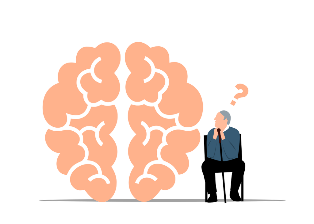 man looking at brain confused
