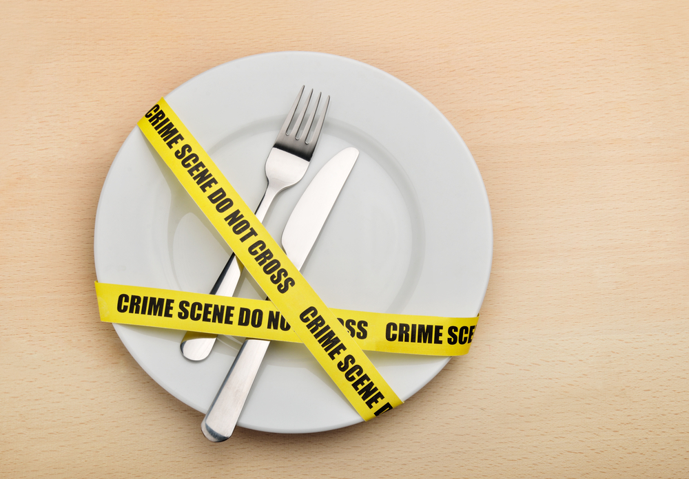 Dangerous food. Empty plate, fork and knife wrapped in crime scene tape.
