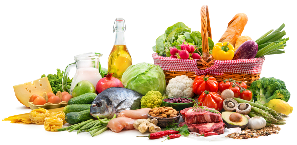 Balanced diet food background. Selection of various paleo diet products for healthy nutrition