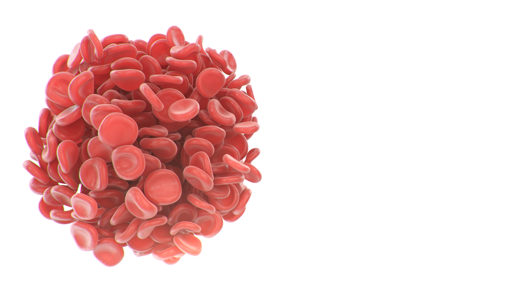 Abstract red blood cells clot in the shape of a sphere isolated on white background. Scientific and medical concept. Transfer of important elements in the blood to protect the body. 3d illustration
