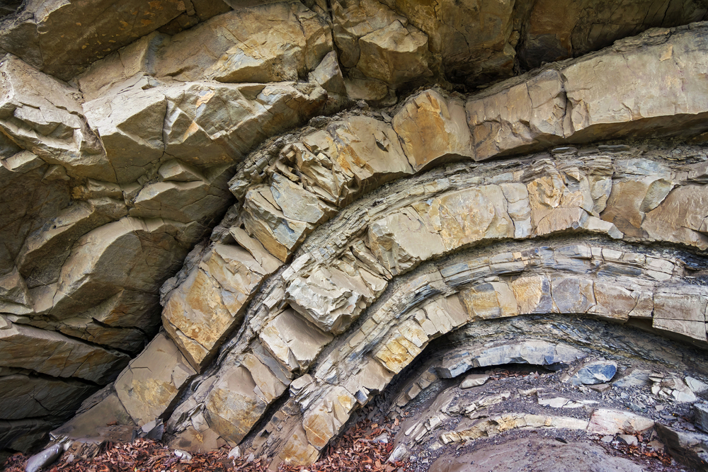 Interesting geological formation in Carpathian mountains. Anticlinal fold.
