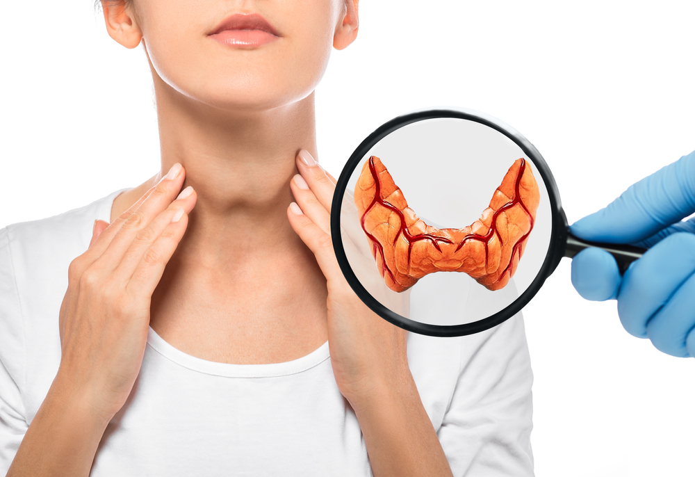Diagnosis and treatment of thyroid diseases. Endocrinology, anatomical model of the thyroid gland over a female patient background. Thyrotoxicosis and hypothyroidism