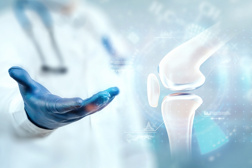 Medical poster image of the bones of the knee, the joint in the knee. Arthritis, inflammation, fracture, cartilage,. Copy space.