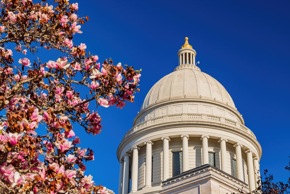 Sunny view of the State Capitol building with Magnolia blossom at Arkansas