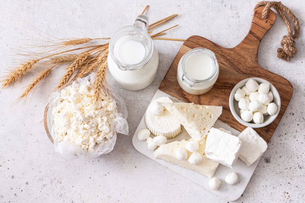 Fresh dairy products (milk, kefir, feta, cottage cheese, Mozzarella).Symbols of jewish holiday - Shavuot