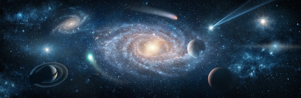View from space to the Galaxies, stars, comet, asteroid, meteorite, nebula, Saturn. Cosmic panorama of the universe. Space travel fantasy. Elements of this image furnished by NASA

