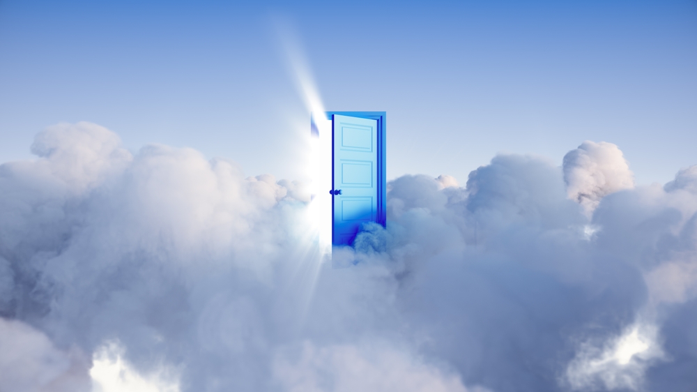 3d rendering, abstract modern background with bright light rays shining through the opening blue door in the sky with clouds, hope concept
