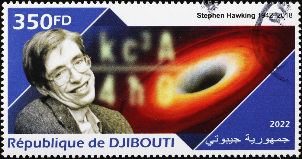 Milan, Italy - September 22, 2022: Stephen Hawking and a black hole on postage stamp