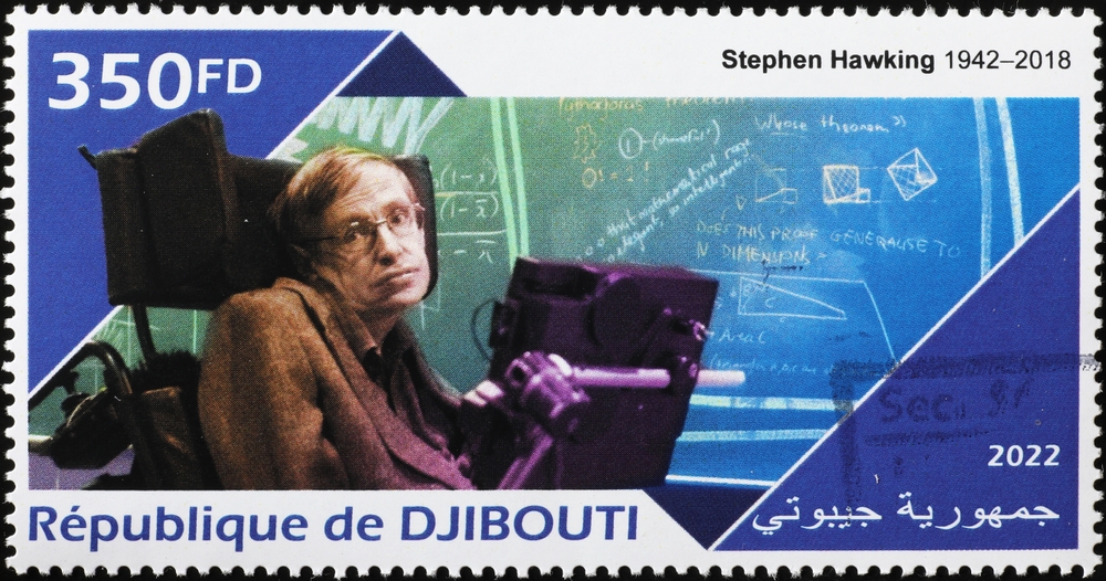 Milan, Italy - September 22, 2022: Stephen Hawking and his studies on postage stamp