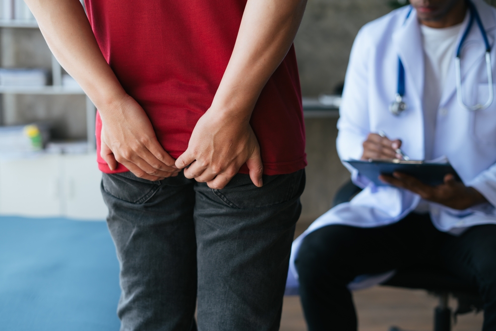 Man seeing doctor with hemorrhoids symptoms , Healthy concept.
