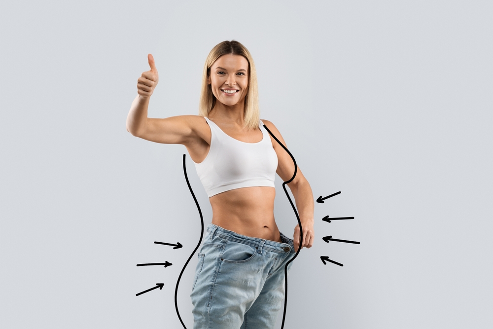 Cheerful attractive slim middle aged blonde woman wear huge jeans, showing thumb up, demonstrate results of diet, black body shape lines around well-fit lady, collage for slimming concept, copy space