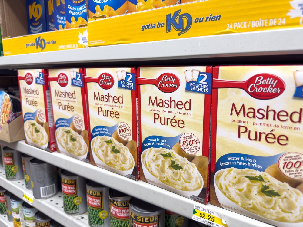 Winnipeg, Manitoba, Canada - 05-08-2023: A view of several packages of Betty Crocker mashed potato mix, on display at a local grocery store.
