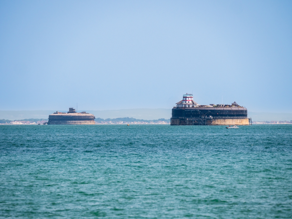 The Solent, United Kingdom - June 16 2023: Solent Forts On A Summer's Day In The Solent Including No Man's Fort and Horse Sand Fort
