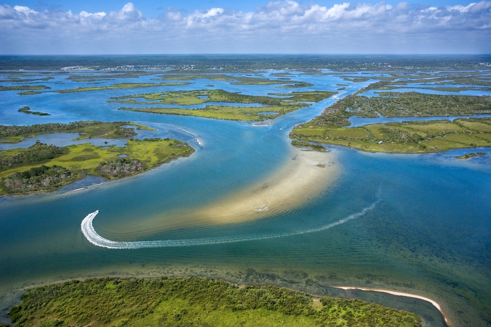 Aerial of wetlands at Cumberland Island National Seashore, Georgia.
