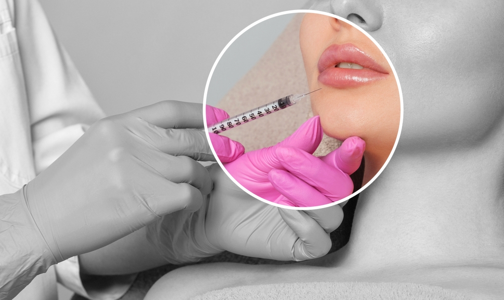 Cosmetologist does therapy anti wrinkle and aging skin on the chin and on the face of a beautiful woman in a beauty salon. Cosmetology and professional skin care.
