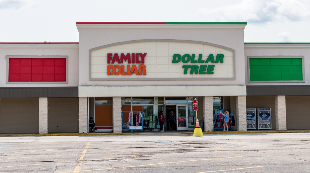 
Waterford, Pennsylvania, USA August 1, 2023 Two storefronts together, a Family Dollar and a Dollar Tree in a strip mall on a sunny summer day
